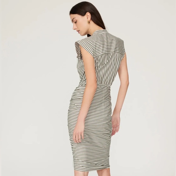 NWT ⭐️ VERONICA BEARD Ruched Striped Shirt Dress – Size 6 – Army Green/White - Picture 3 of 7